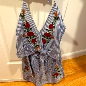 Pinstripe and floral halter cut out romper